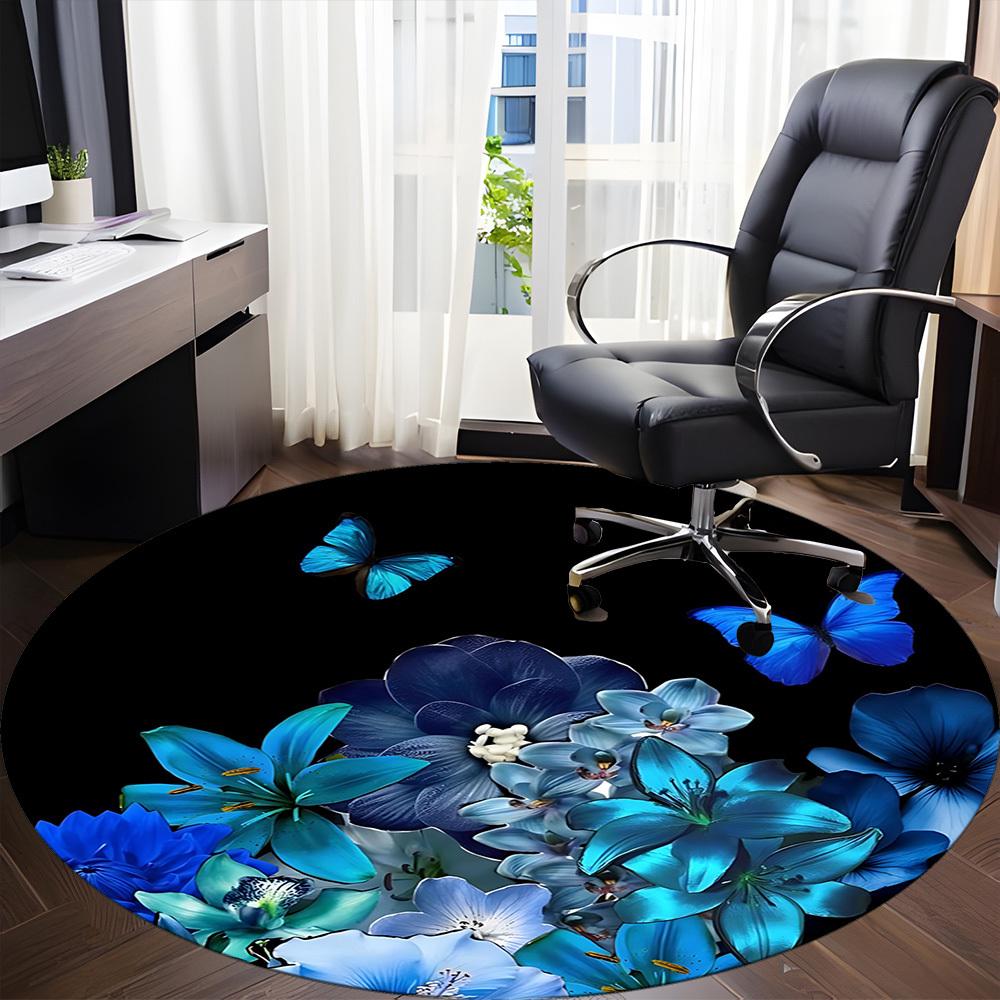 1pc Blue Floral Bouquet Chair Carpet for Office, Round Non-Slip Durable Large Size Office Carpet, Suitable for Office, Beautiful Decoration