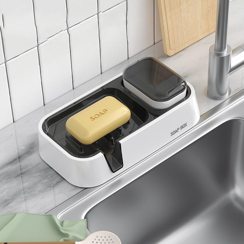 Multifunctional Soap Box Wall Mounted Double Drain Soap Storage Rack with Cleaning Brush Household Bathroom Soap Brush Storage