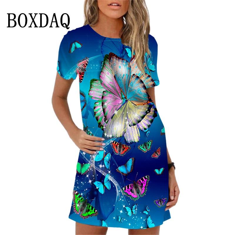 New Summer Sundress Sweet Elegant Purple Butterfly Print Mini Dress For Women Short Sleeve Loose Casual Mini Dress Oversize