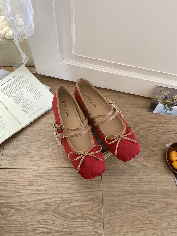 Flat-bottomed Bow Suede Single Shoes Women's 2025 New Ballet Shoes One-word Buckle with Pleated Square Head Mary Jane Shoes