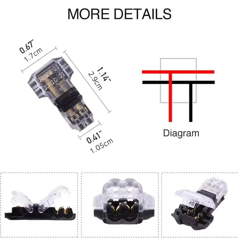 T1 T2 Wire Connectors T-Type 2 Pin 2 Way LED Wire Connector with Locking Buckle Pluggable Universal Compact Wire