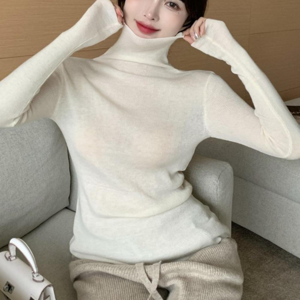 Piled Collar Solid Color All-match Knitted Sweater Women's Autumn and Winter Western-style Slim-fit Coat Inner Knitted Base Shirt