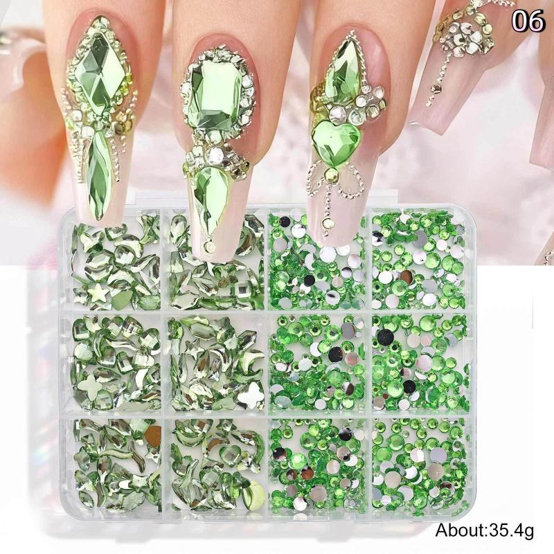 12 Grids Flat Bottom Mixed Nail Diamond 12 Color Nail Rhinestone Shiny Colorful Nail Gems Glass Stones Nail Charm