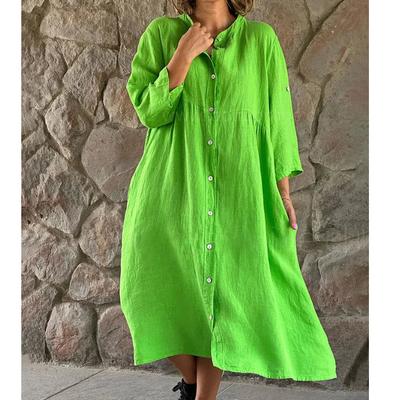 Women's Clothing Loose Cotton Linen Dresses Solid Color Casual Stand Collar Button Up Long Shirt Dress