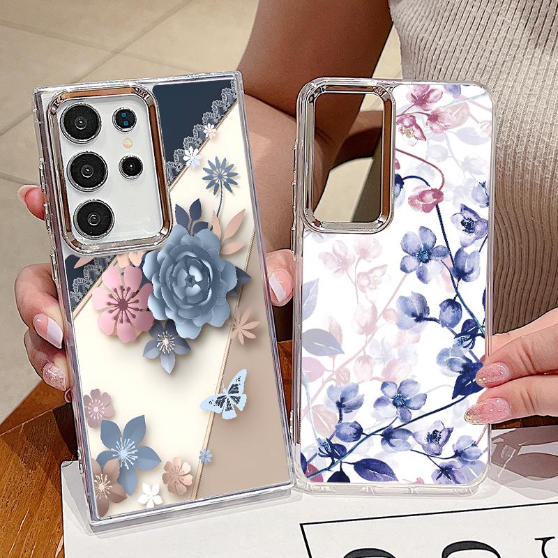 Romantic Rose Flower Pattern Case For Samsung S26 S25 Ultra S24 FE S23 Plus S22 S21 A15 A16 A17 A35 A36 A37 A54 A55 A56 A57 5G Plating Lens Soft Cover