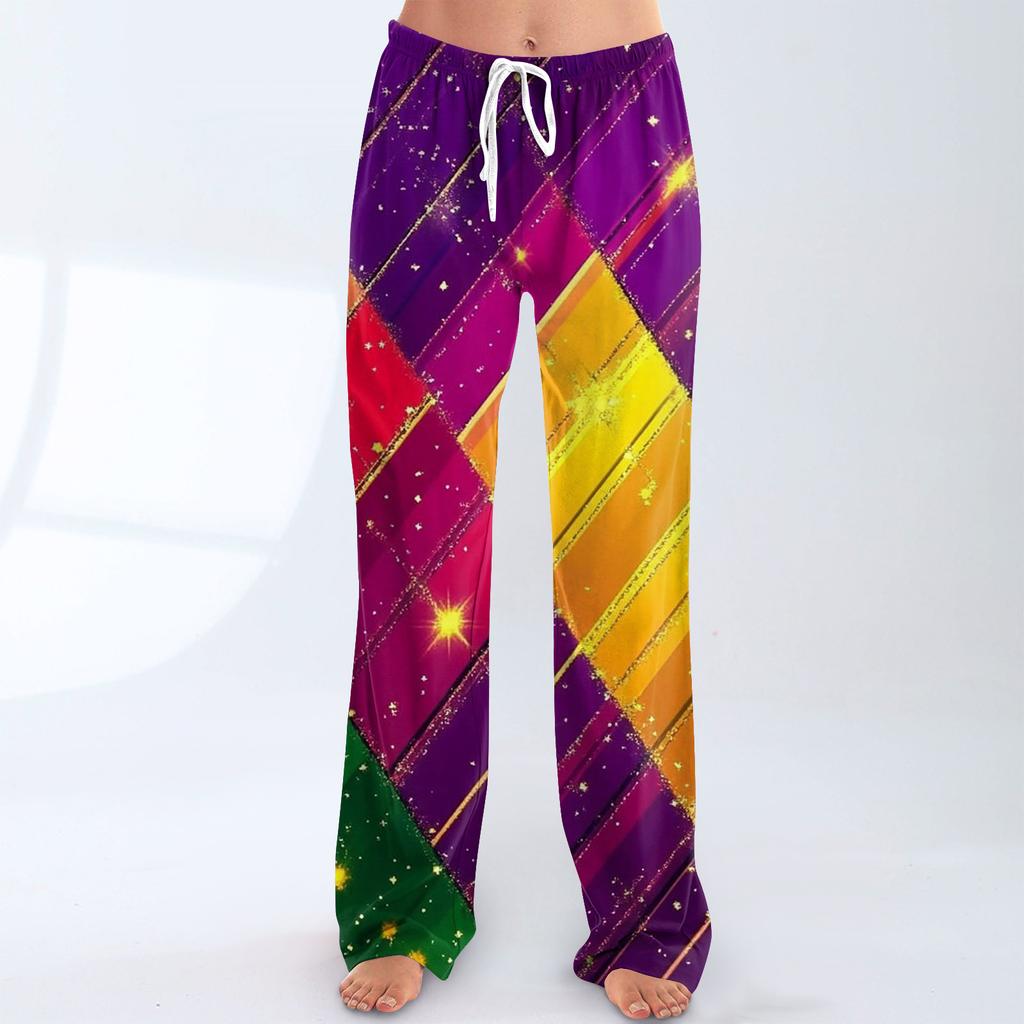 Ladies' Loose And Casual Carnival Printed Wide Leg Pants With Elastic Waistband Drawstring And Pocket Pants