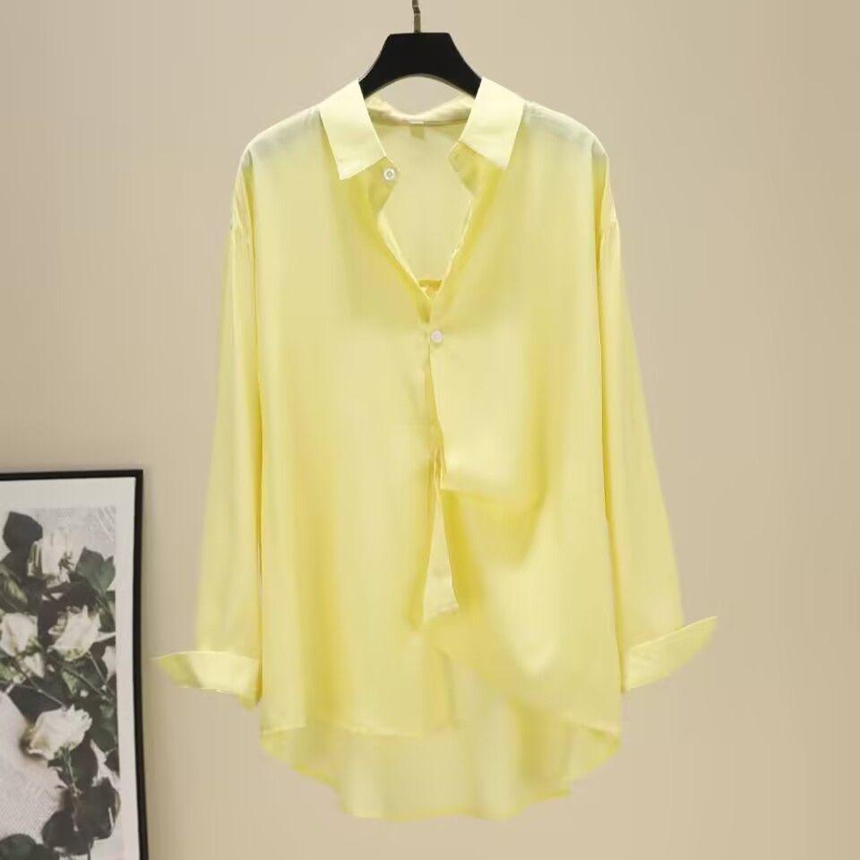 Korean Style Loose Casual Long Sleeve Shirt Pure Color Mid Length Flowy Blouse