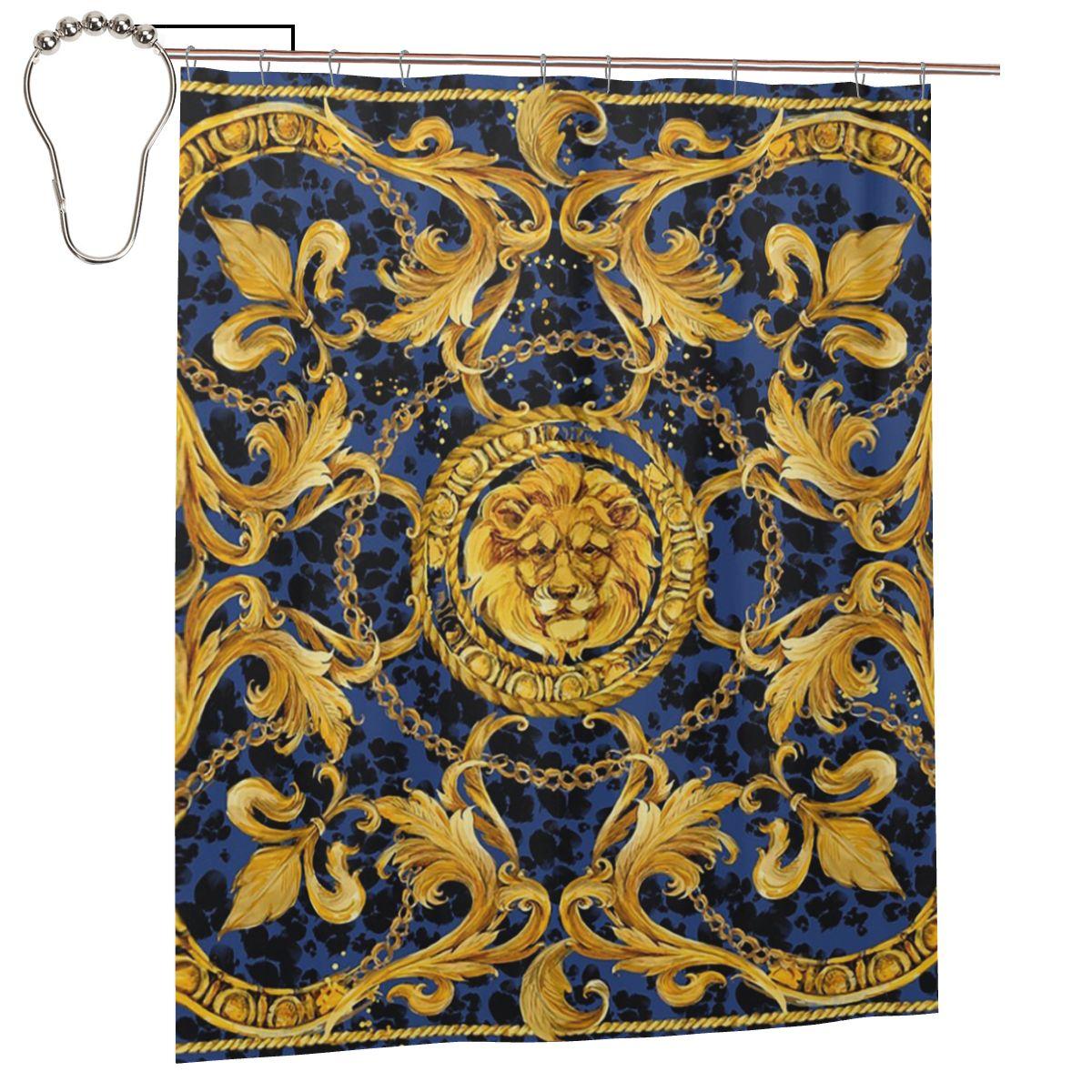 Golden Lion Baroque And Damask Ornament Shower Curtain Bathroom Polyester Waterproof Bath Curtains with Hooks 152x183 cm