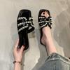 Fashion 2025 Summer Fashion New Sexy Casual Comfortable Solid Color Crystal Sandals Square Toe Flat Heel Slippers Zapatos Mujer