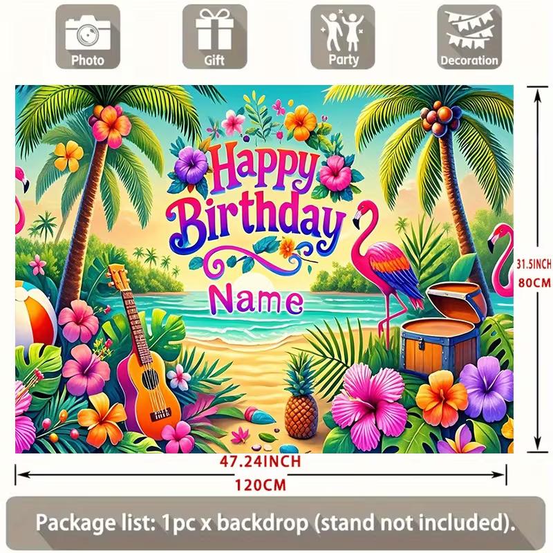 2D Customizable Name Tropical Flamingo Birthday Backdrop Beach Palm Tree Background Banner for Kids Party