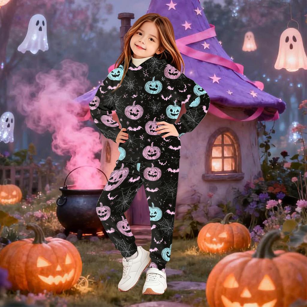 Kids' Hooded Sweatshirt Set with Halloween Print Pullover Top and Matching Pants for Boys Girls