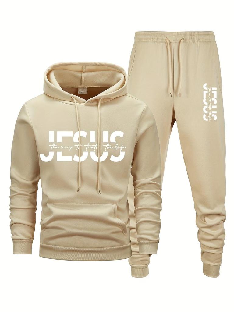 Herren Kapuzenpullover mit Buchstabenaufdruck lockere Passform, Jacke, langärmeliges Hosen-Set