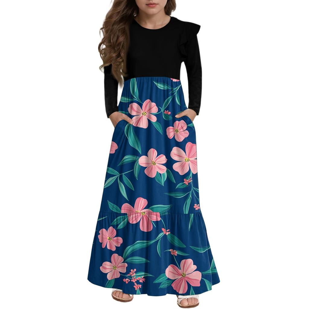 Girls' Tiered Ruffle Dress - Long Sleeve Printed Maxi With Pockets