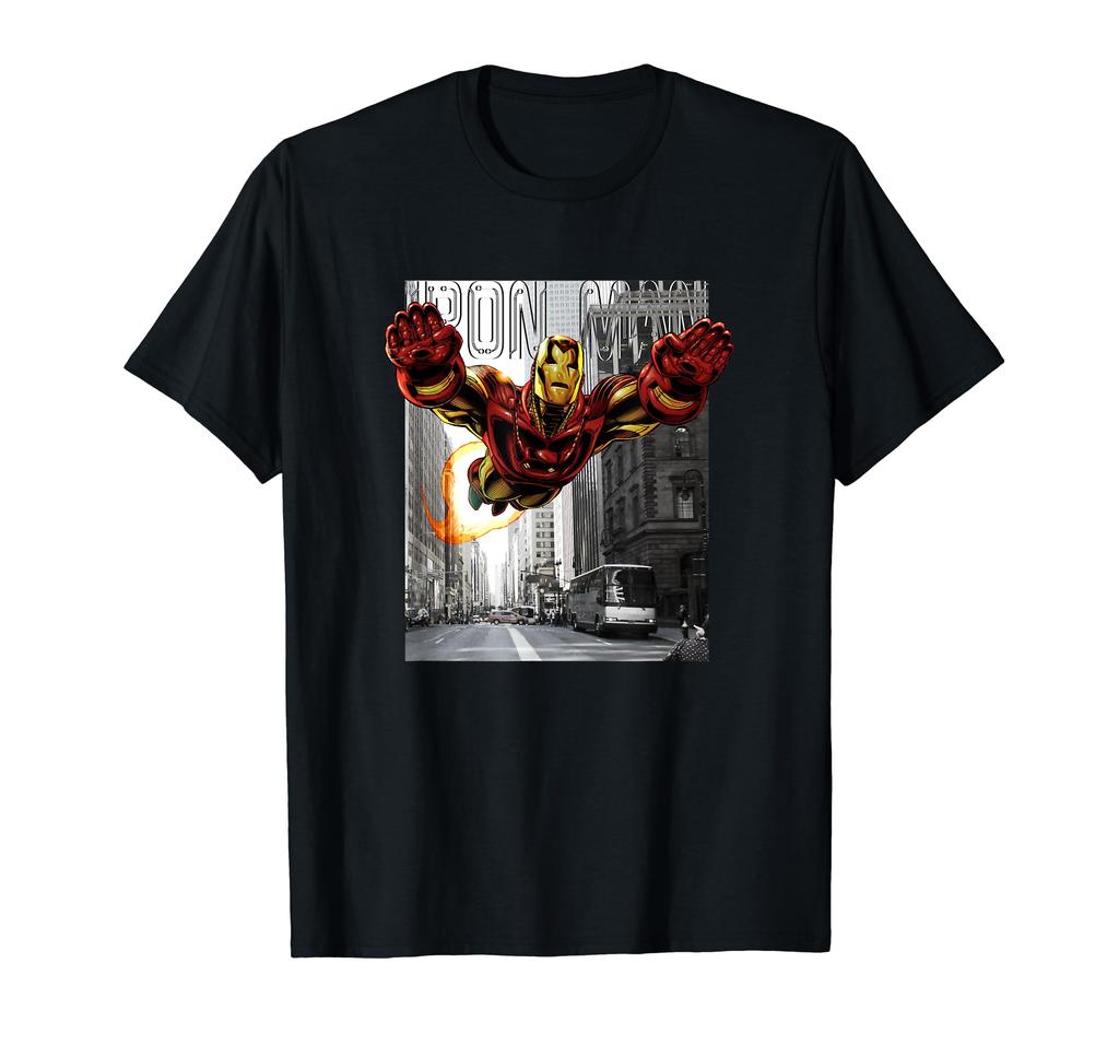 Marvel Comics Retro Classic Iron Man Flying City Poster T-Shirt