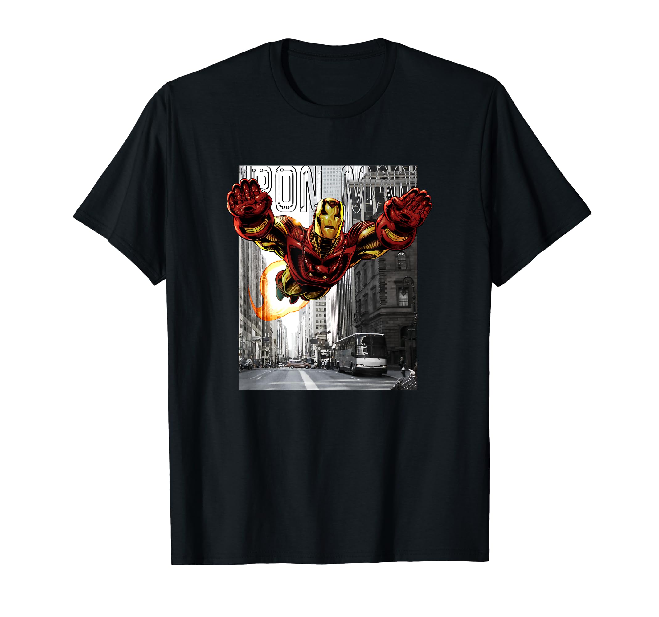 

Marvel Comics Retro Classic Iron Man Flying City Poster T-Shirt