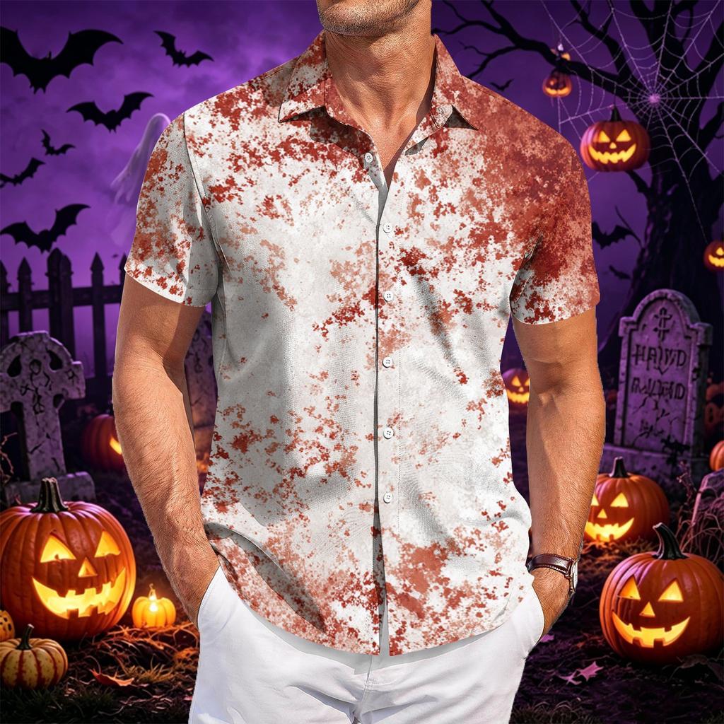 Herren Freizeit Kurzarm Hemd mit Knöpfen Halloween Motiv Fledermausmuster Leichtes Sommerhemd für Strand und Outdoor