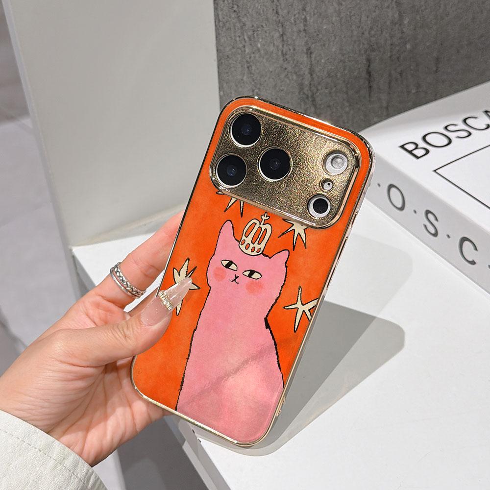 

Lucky Start Phone Case For iPhone 17 16 15 14 13 12 11 Pro Max 16E Gold Electroplated glass shell Pink cat with a crown Cover IPHONE11PRO