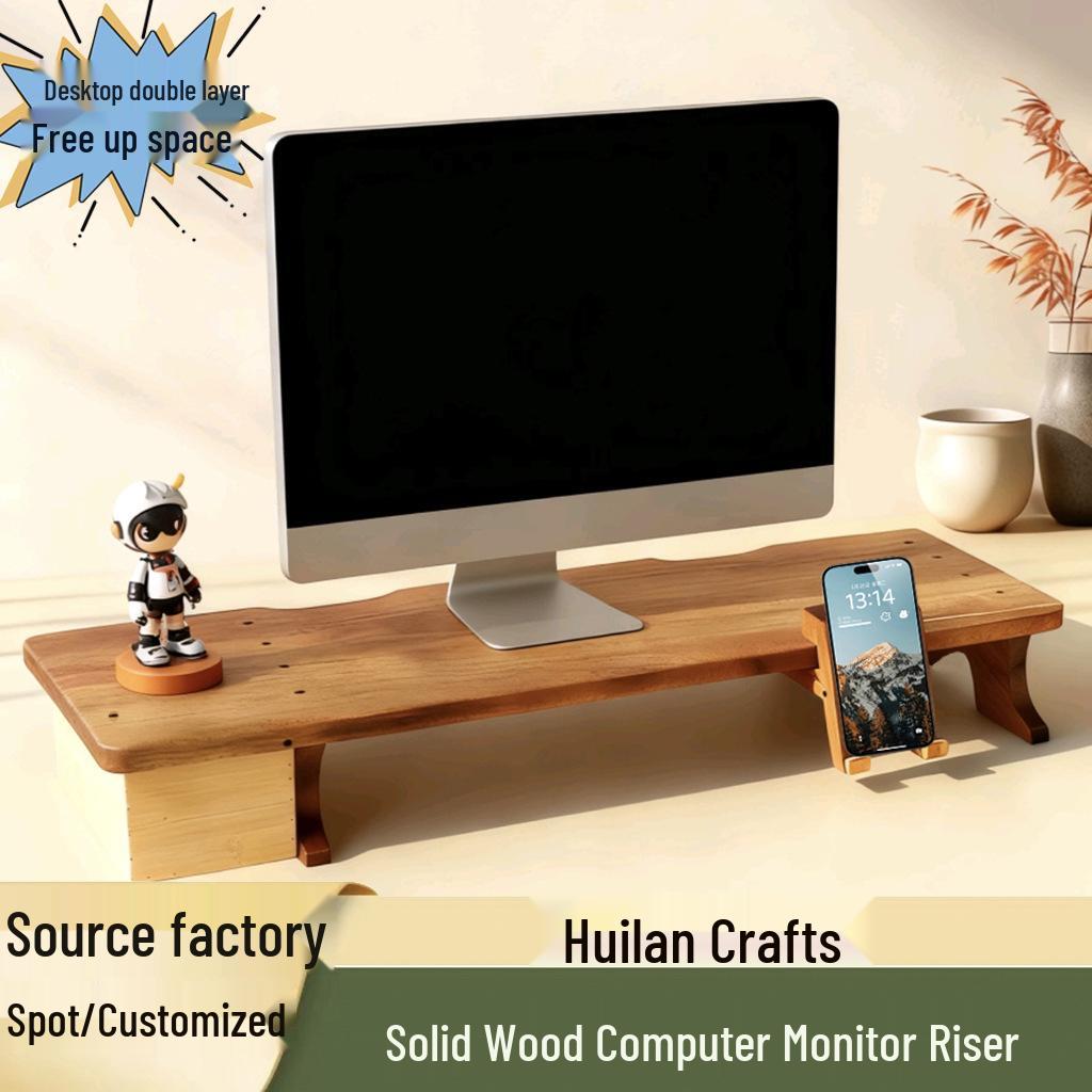 Solid Wood Monitor Stand with Detachable Riser and Storage, Ergonomic Design for Cervical Spine Protection 65x20x10 cm