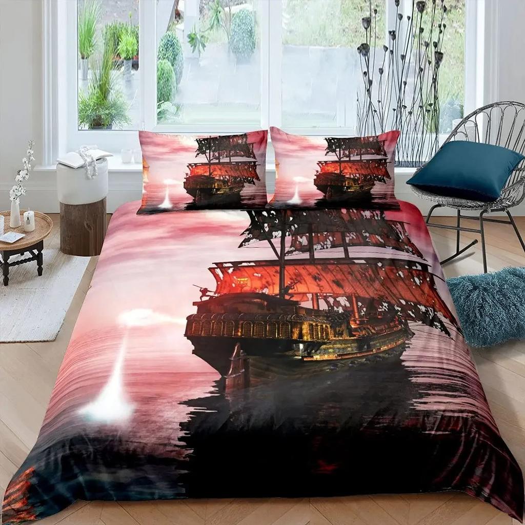 Pirate Sailboat Duvet Cover Nautical Ocean Theme Boys Teen Bedding Cool Style Adult Bedding Set Wave Pattern Printed Room Decor
