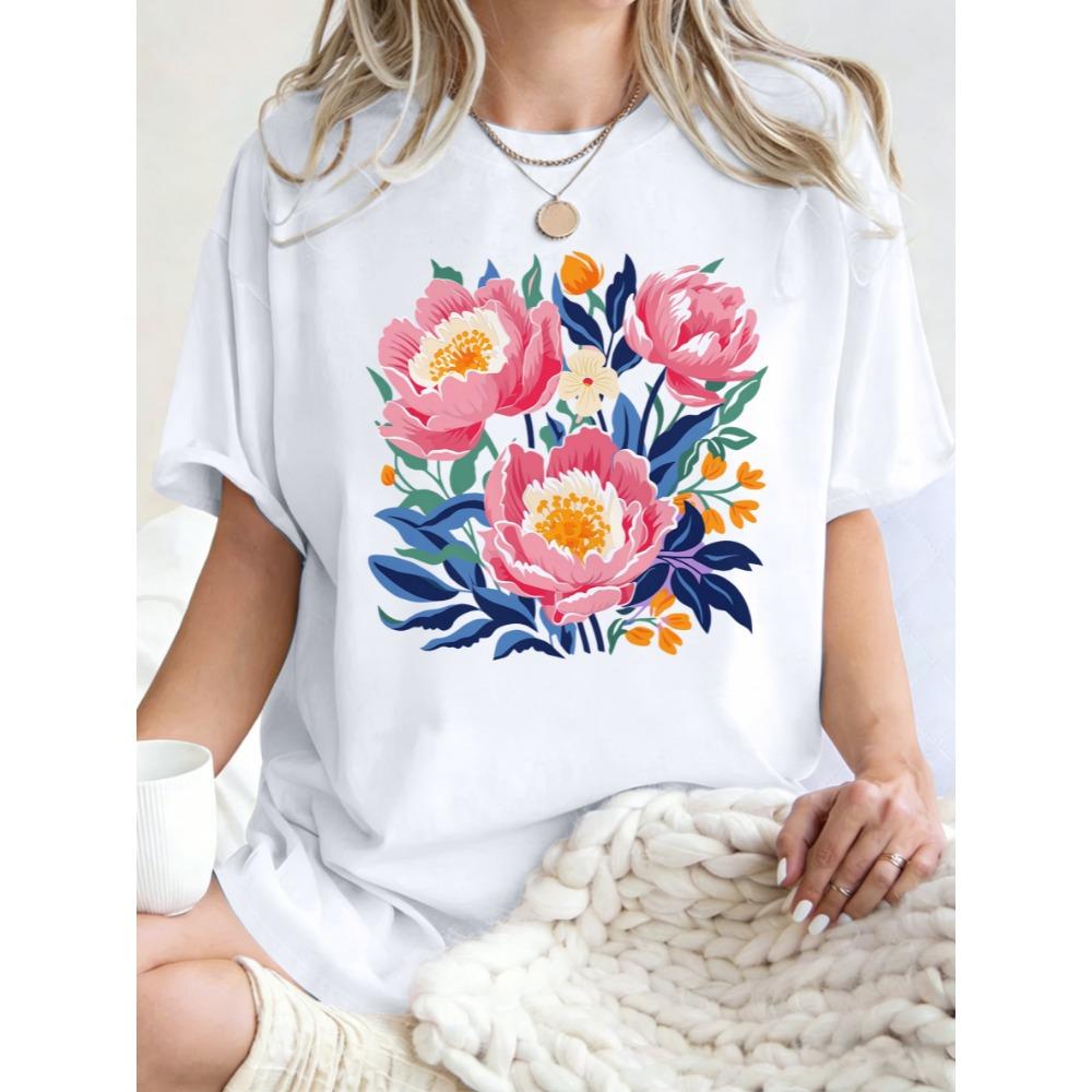 Estetická ilustrace Květiny pivoňky Potisk Dámská trička Hip Hop Vícebarevné tričko Bavlněné oblečení Letní Oversized top