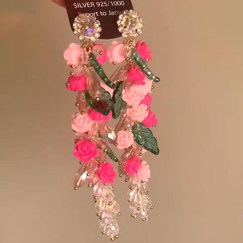 

Silver Needle Diamond Fringe Crystal Flower Earrings New Fashion Design Earrings Premium Temperament Earrings