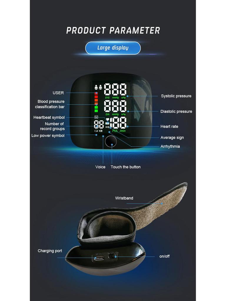 LED Wrist Blood Pressure Monitor - Fully Automatic Electronic Home Medical Device with Rechargeable Battery