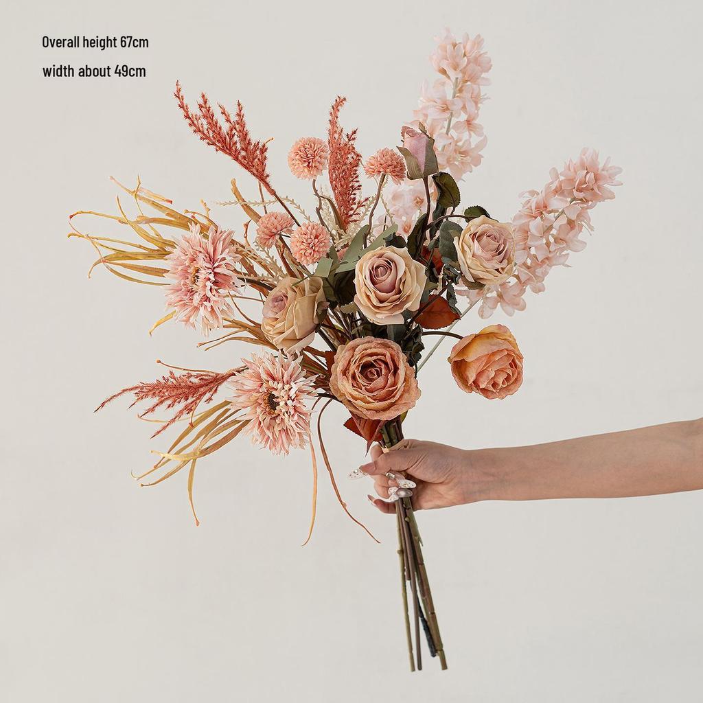 French Retro Handheld Artificial Flower Bouquet - Realistic Decorative Fake Floral Photography Props for Home Decor.