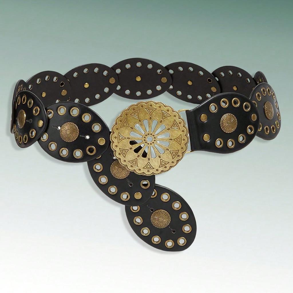 1PC European and American style hollow round cake splicing ethnic style belt female bohemian wear waist seal corns hole retro belt