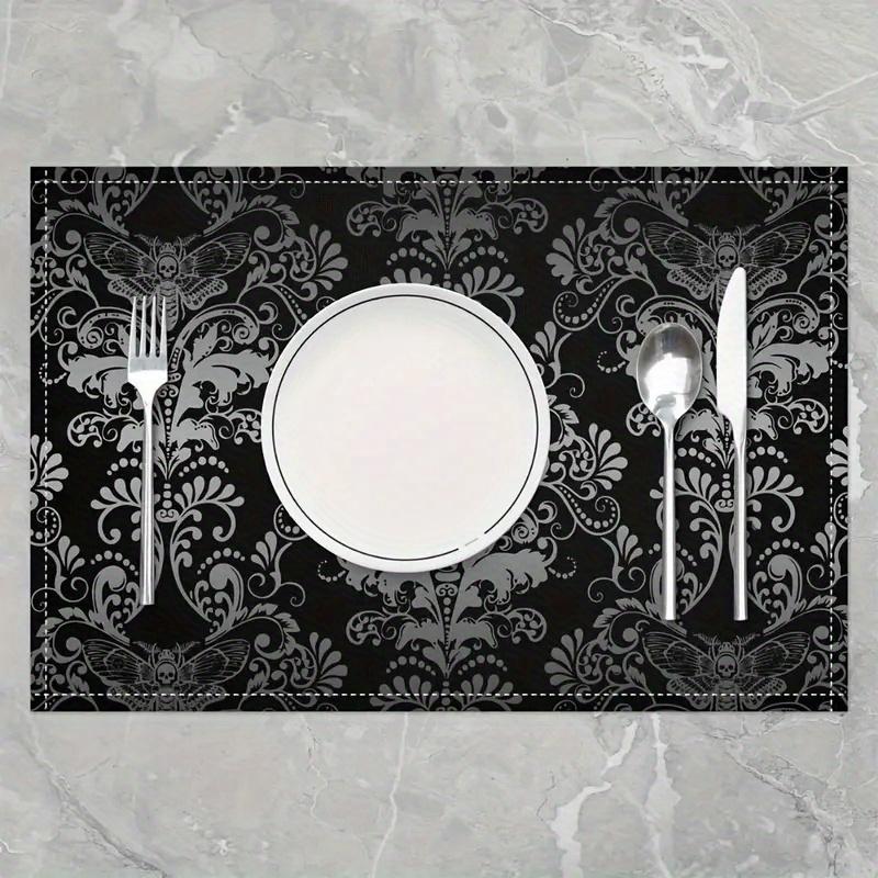 4/6/8/10PC Gothic Dark Night Placemats Silver Silk Skull Moth Vintage Floral Theme Party Escape Room Cafe