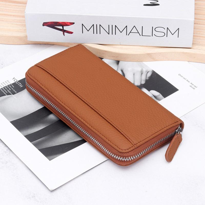 RFID Cowhide Women's Long Wallet Large Capacity Zipper Clutch Anti-theft Brush