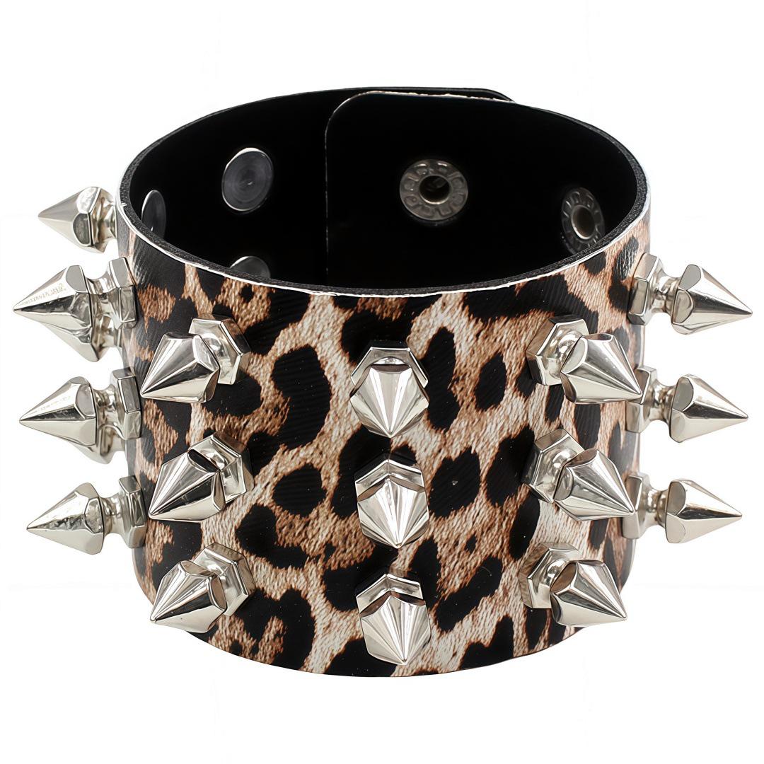 Экологичный ПУ-кожаный Харадзюку Панк Браслет с Шипами-Конусами и Трехрядными Цепями цветной печати леопарда