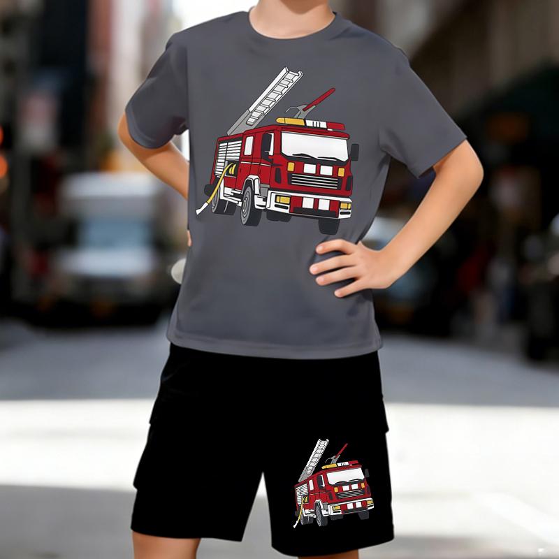 Boys 2 Piece Cartoon Fire Truck Printed Outfit, Short Sleeve T-Shirt and Shorts Set for Kids Age 5-14, Black and White Sporty Casual Summer Clothes