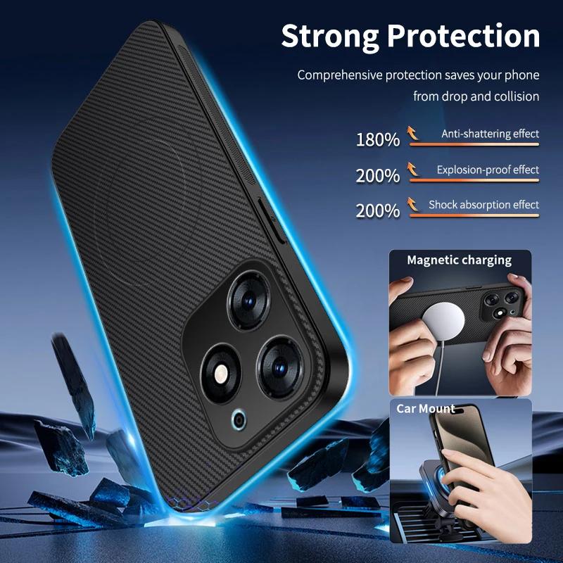 Carbon Fiber Wireless Charging Magnetic Case For Tecno POP 8 Spark Go 2024 Lens Protection Silicone Soft Bumper Cover Phone Case