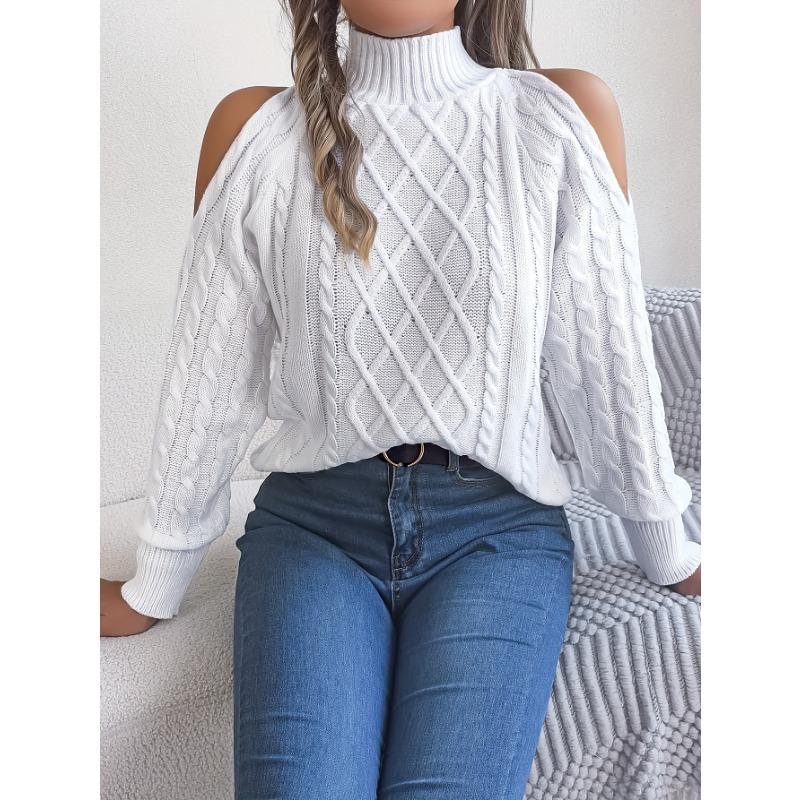Women's Off-Shoulder High Neck Cable- Sweater - Soft Stretchy Long Sleeve Pullover, Solid Color Casual Chic Fall Winter Top, Highneck Pullover