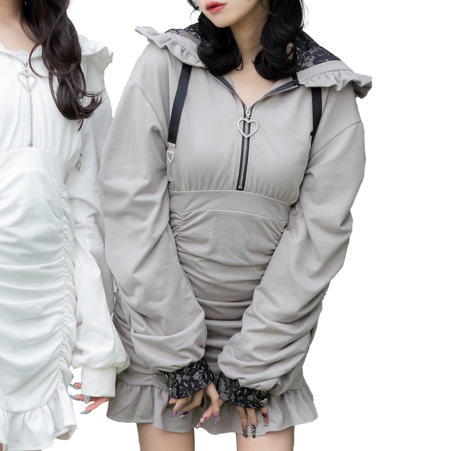 Yumetenbo Heart Studs Gathered Fleece Dress Hooded Drawstring Women s Long Sleeve Sizes LL3L Mass-Produced Landmine Style 12430₽