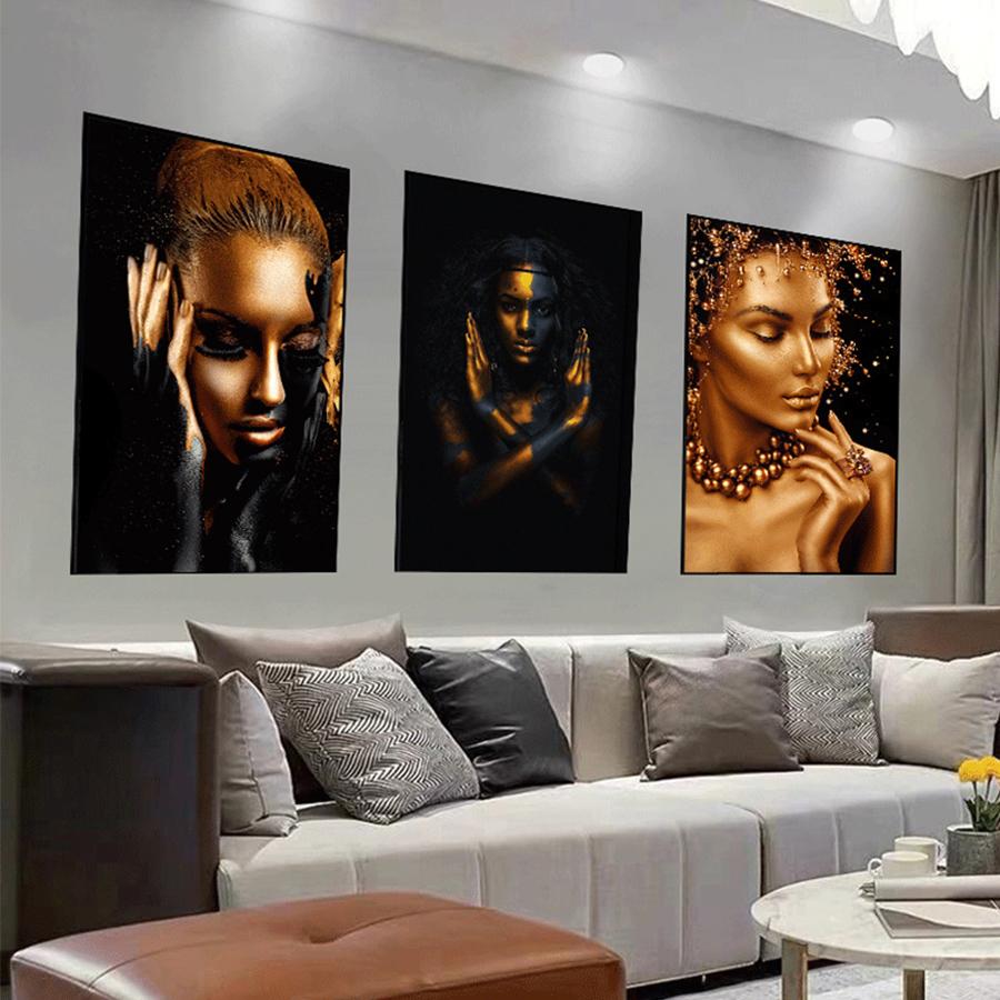 AHPAINTING drobės tapyba Sienų piešinys Afrikos meno juodos ir auksinės spalvos moters plakatas spausdina paveikslėlį gyvenamojo kambario namų dekoravimui