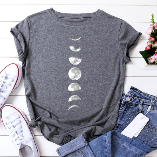 Women Summer Casual O Neck Short Sleeve Moon Print Loose Blouse T-shirt Top