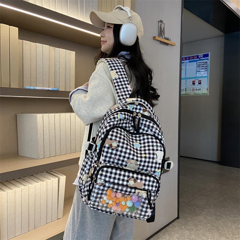 Cartoon Cat Pattern Women's Backpack Plaid Schoolbag