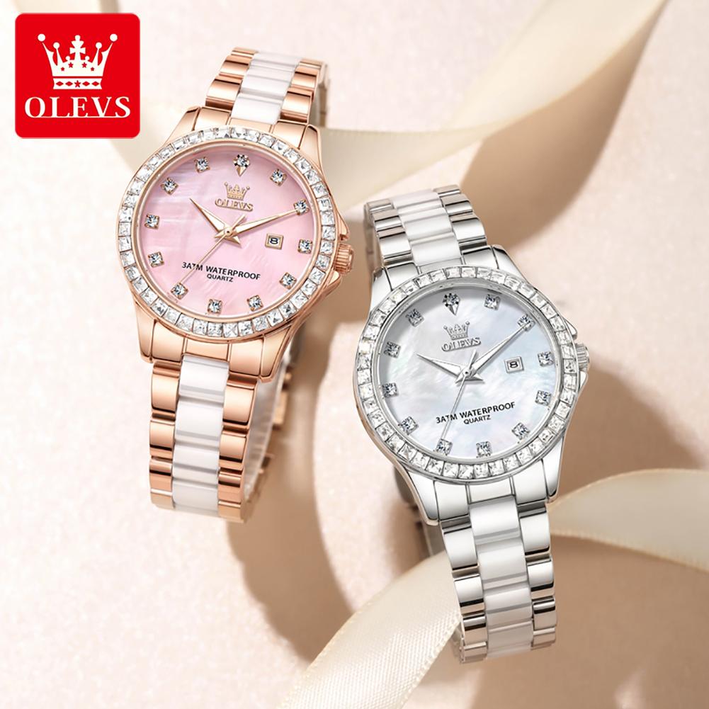 OLEVS Womens Watch Luxury Elegant Fashion Rhinestone Bezel Ceramic Strap Wristwatch Waterproof Date Watches