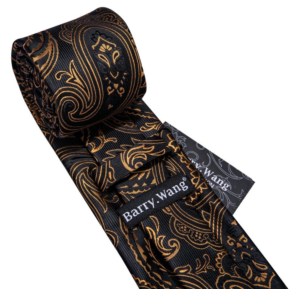 Barry.Wang Mens Tie Gift Paisley Tie Pocket Square Cufflinks Gift Box Gold Black Silk Barry.Wang Necktie Set