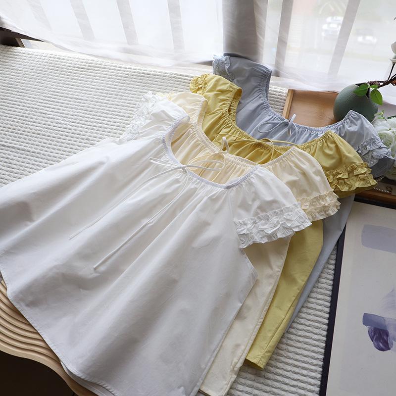 

Bi Zheng 2025 Summer Korean Sweet Lace-Up Doll Shirt for Women, Short Sleeve One Size