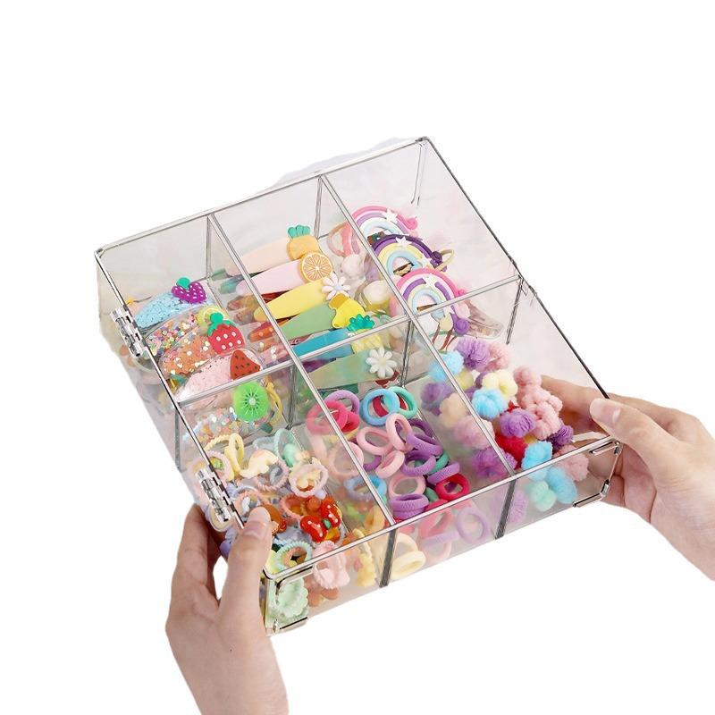 Children's Hair Accessories Organizer: Dustproof Storage for Clips, Bands, Ties & Ornaments. Transparent Flip-Top Jewelry Box with Compartments.