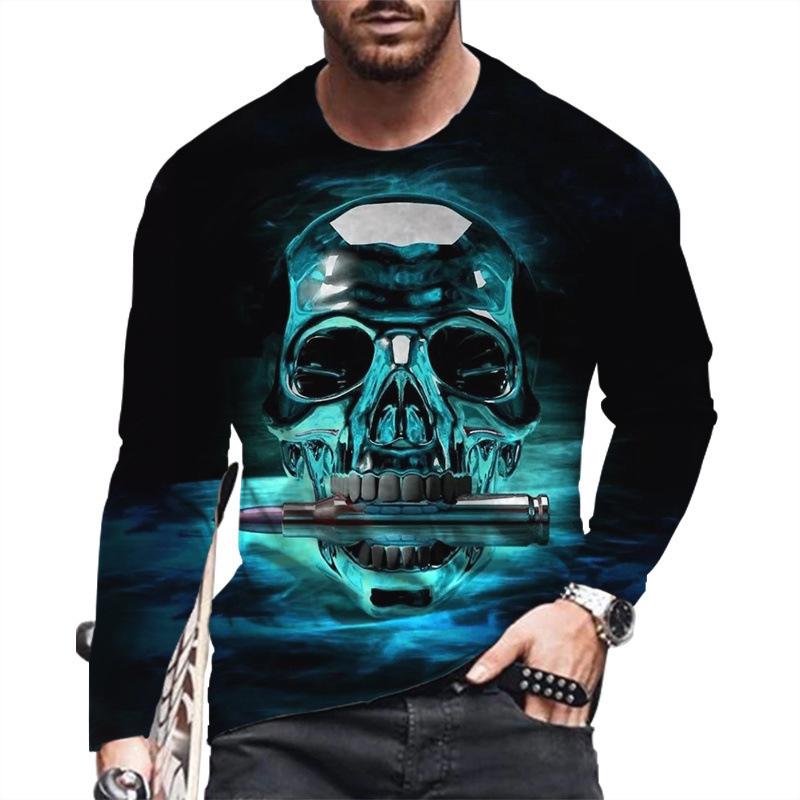 Spring and Autumn Round Neck Skull 3D Printed Top Fashionable Casual Long Sleeved Men's T-shirts