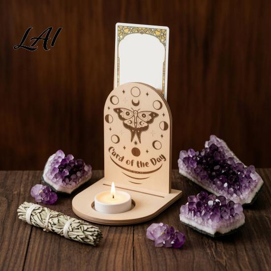 Decorative Tealight Stand Wooden Tarot Card Holder Stand of The Day Candle Holder Moon Rustic Home Decor Sun Star Pattern Altar Display for
