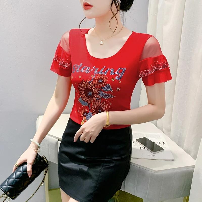 Summer Streetwear Girl Shiny Bling Rhinestone Floral T-shirt Sexy Off Shouler Short Sleeve Tops New Chic Women Elastic Slim Tees