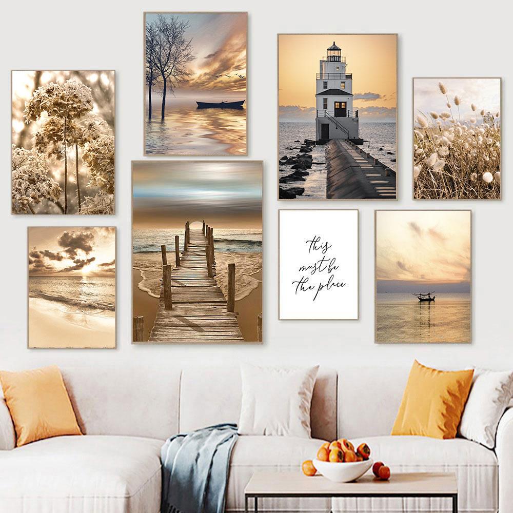 Meer Landschaft Wand Kunstdruck Brücke Holz Wand Poster Heu Leinwand Malerei Boot Nordic Wand Bild für Wohnzimmer Dekor Malerei