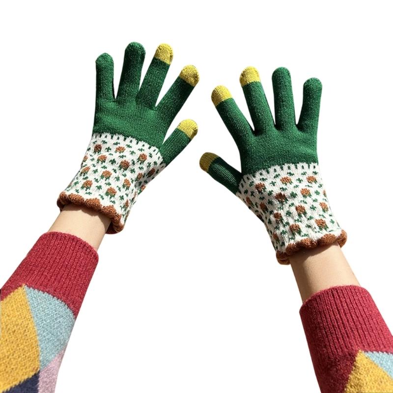 Flower Pattern Knitted Gloves For Women Girl Stylish Design Windproof Thick Warm Handwear for Cycling Skiing Daily Use