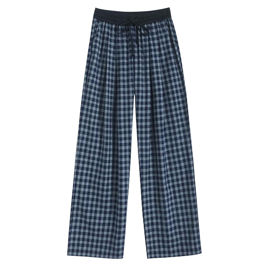 Retro Blue Plaid Wide-Leg Pants - Spring/Summer 2026 Collection, Lazy Style, Drapey Straight-Leg Casual Pants