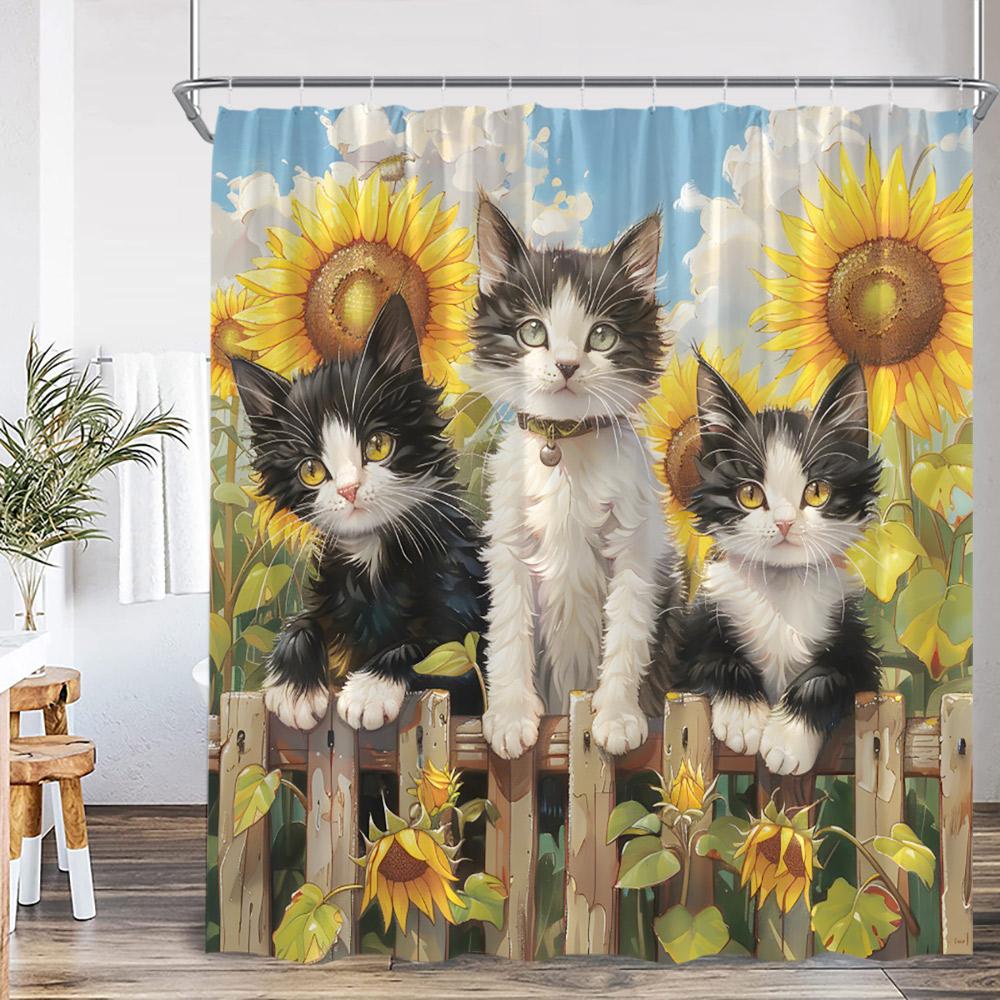 Funny Animals Shower Curtain Cat Riding Shark Corgi Dog Cartoon Children Bathroom Curtain Kids Polyester Bath Decor with Hooks