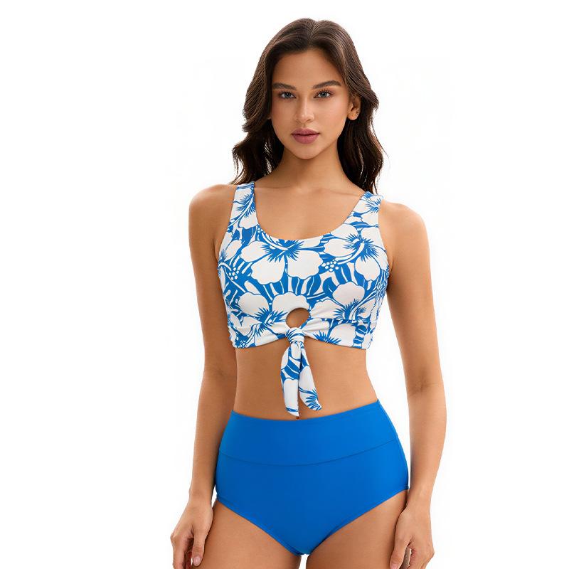 2026 European and American bikini sexy print split high waist conservative swimsuit women S